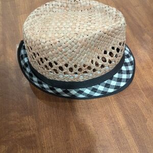 Tan and Black Hat with Woven Design and Checkered Band